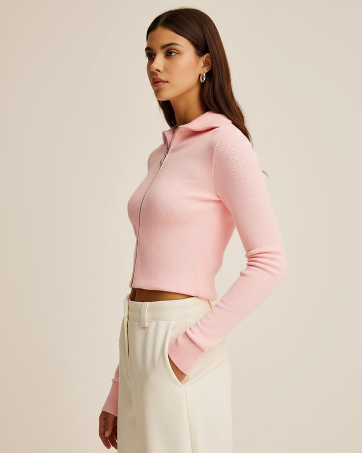 Zipper Long-Sleeve Cropped Knit Top SOLACE