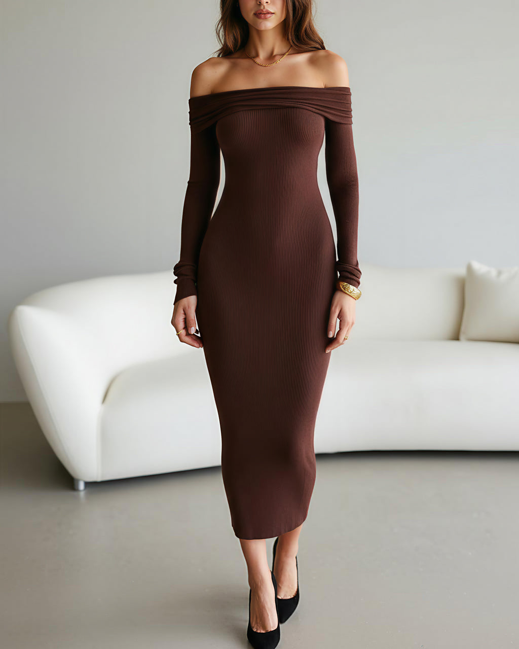 Off The Shoulder Long-Sleeve Knit Dress SOLACE