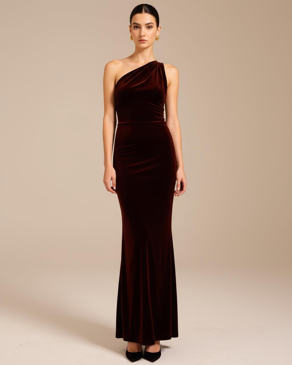 Burgundy One-Shoulder Velvet Dress SOLACE