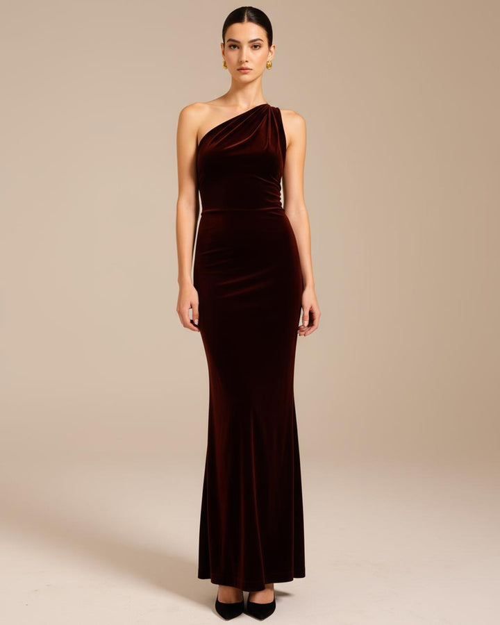 Burgundy One-Shoulder Velvet Dress SOLACE