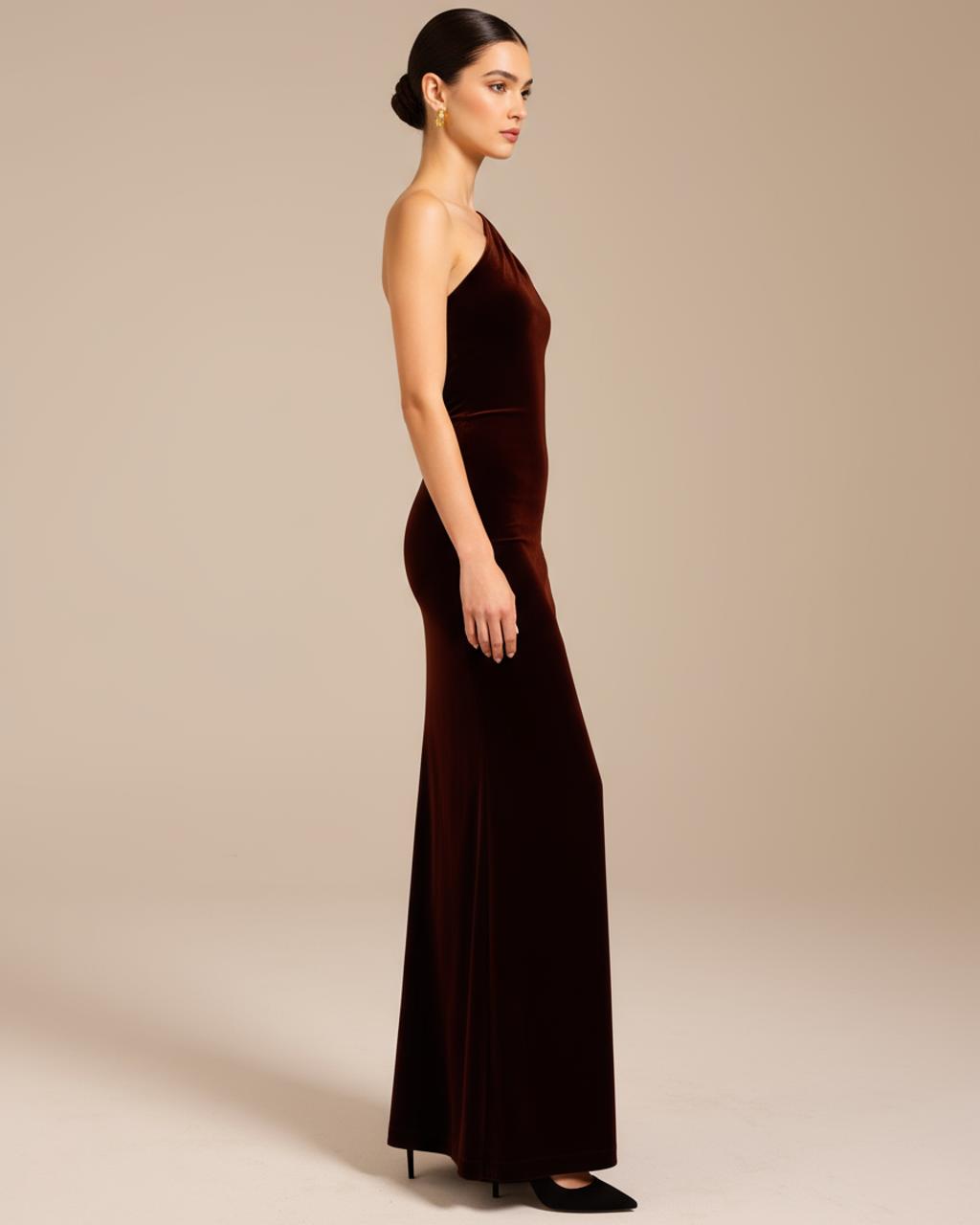 Burgundy One-Shoulder Velvet Dress SOLACE