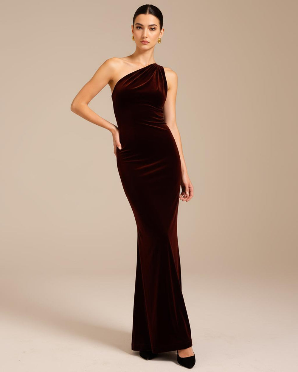 Burgundy One-Shoulder Velvet Dress SOLACE