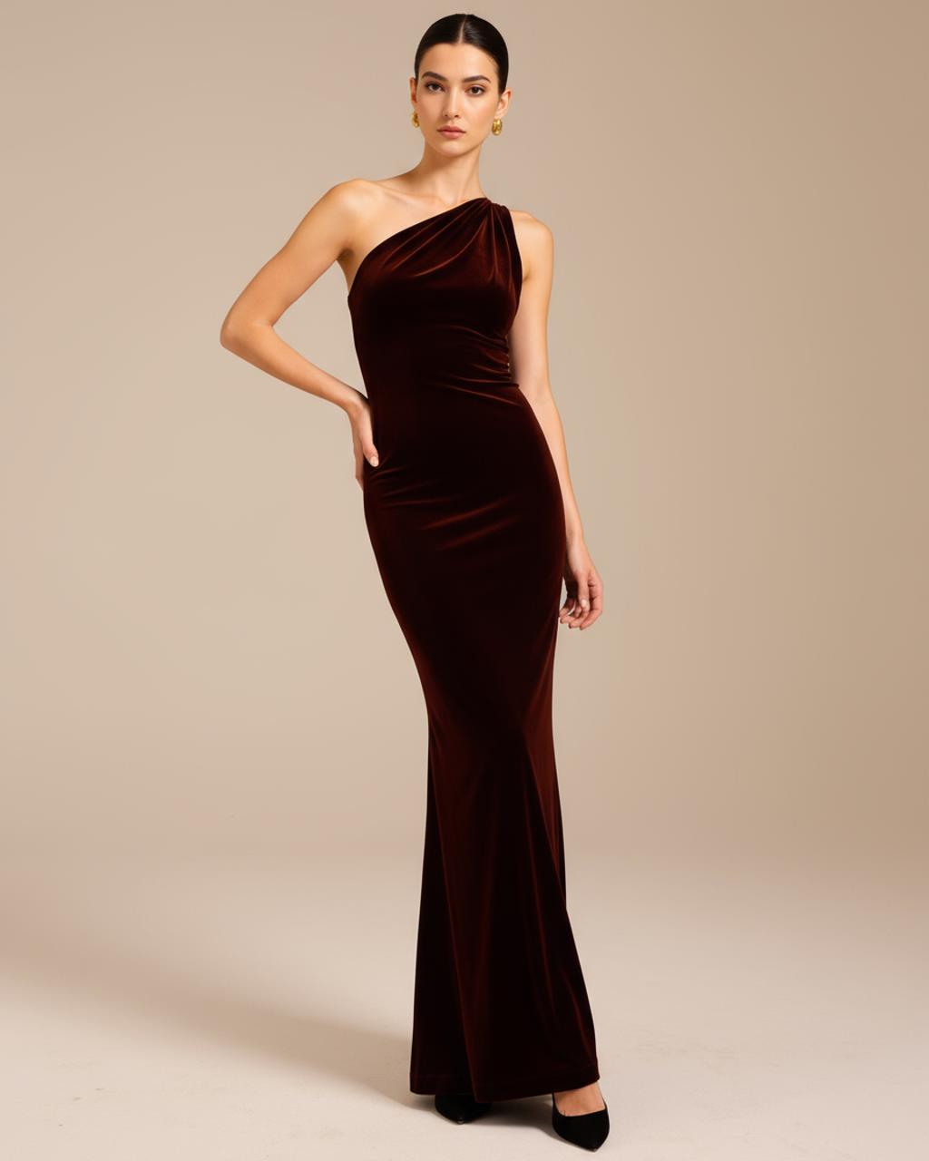 Burgundy One-Shoulder Velvet Dress SOLACE