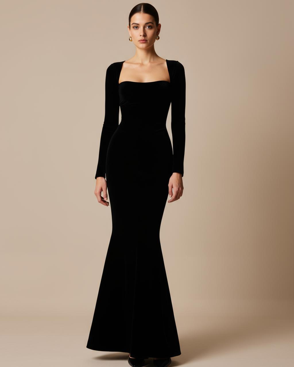 Square Neck Long Sleeve Fishtail Dress SOLACE