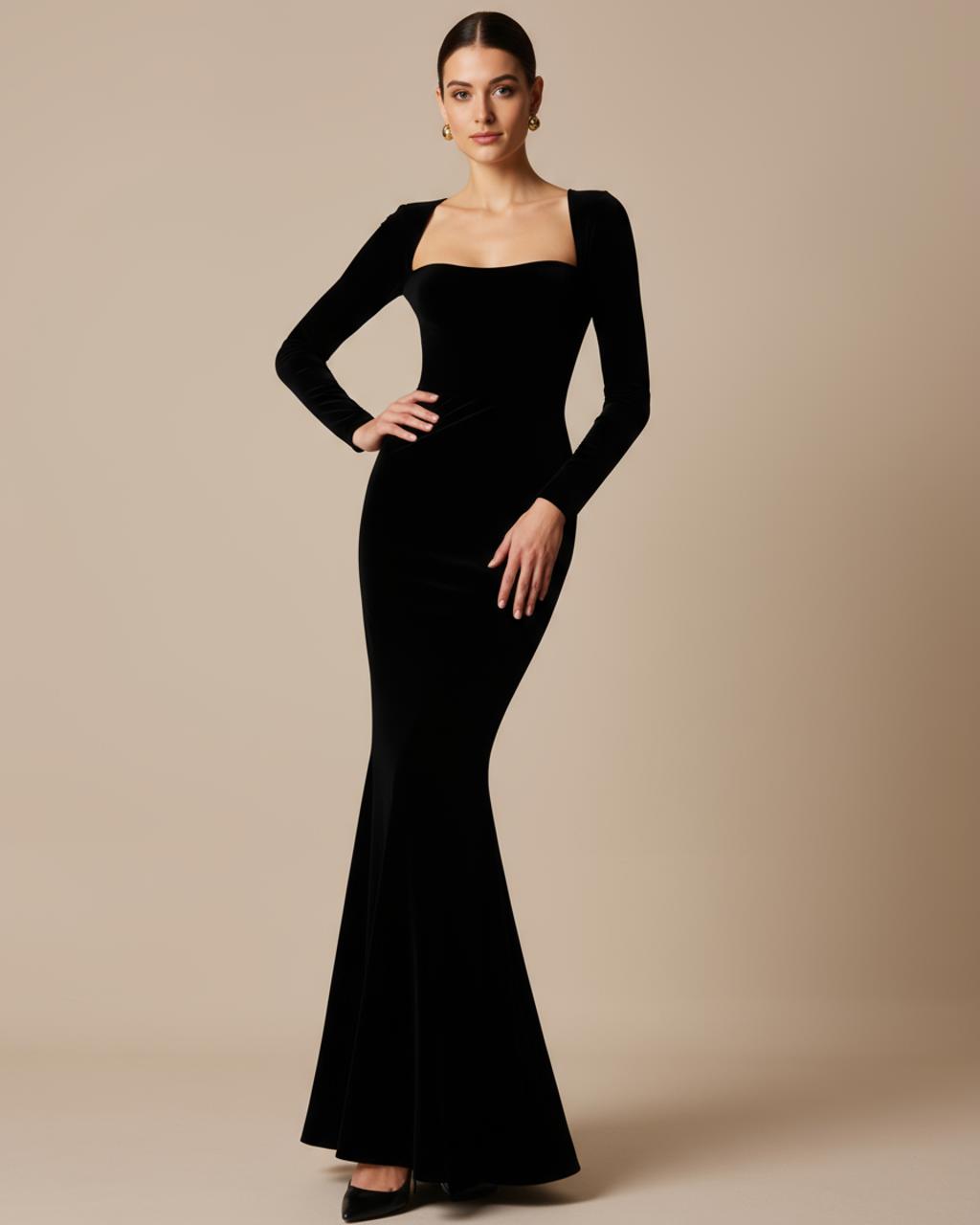 Square Neck Long Sleeve Fishtail Dress SOLACE