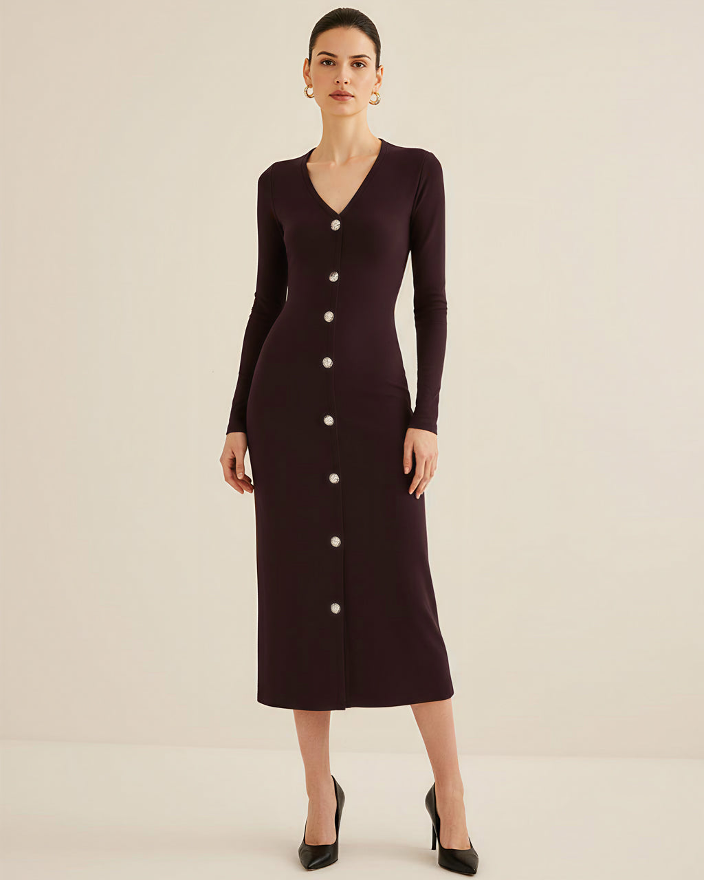 V Neck Button Detail Midi Dress SOLACE