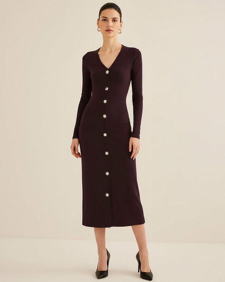 V Neck Button Detail Midi Dress SOLACE