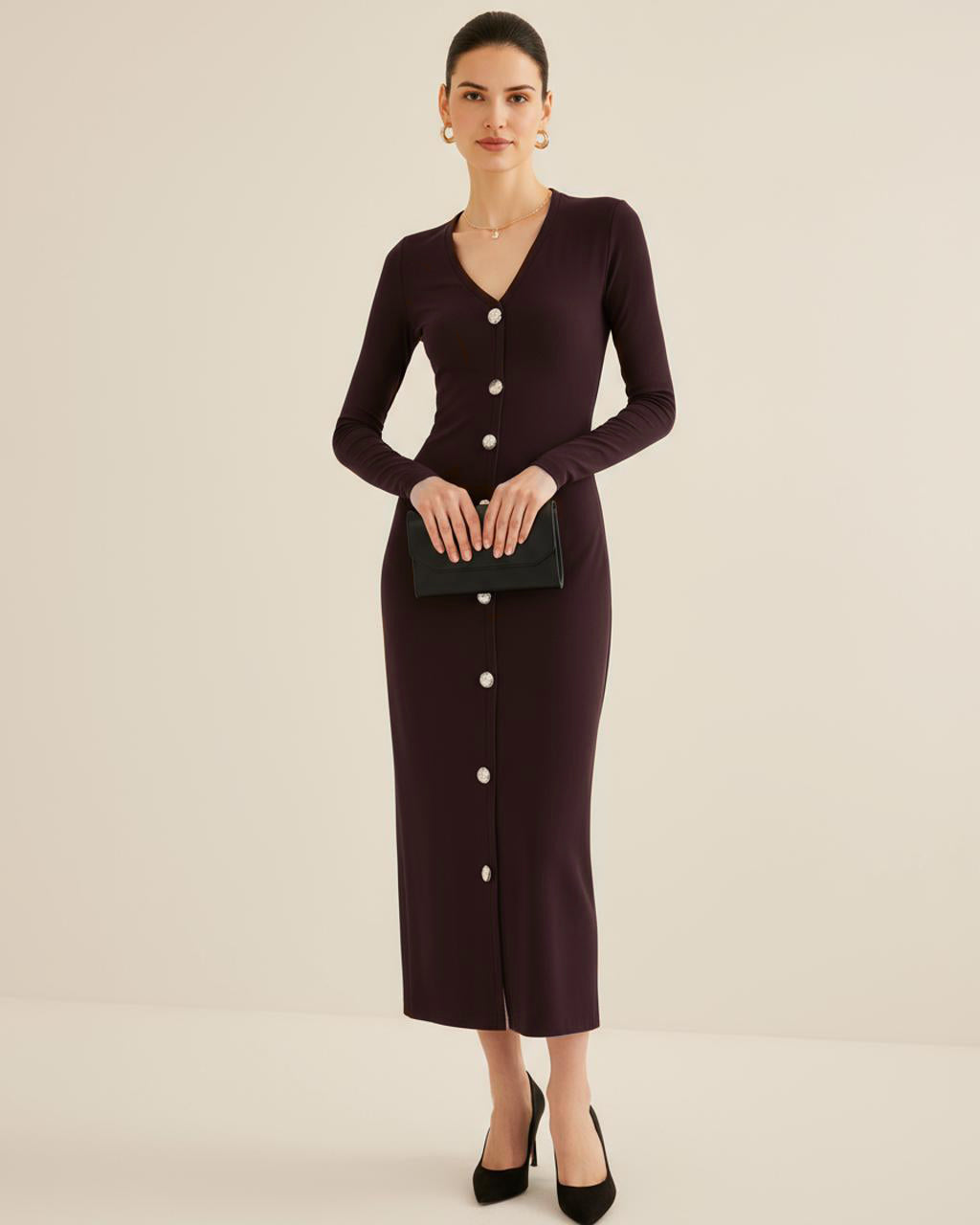 V Neck Button Detail Midi Dress SOLACE