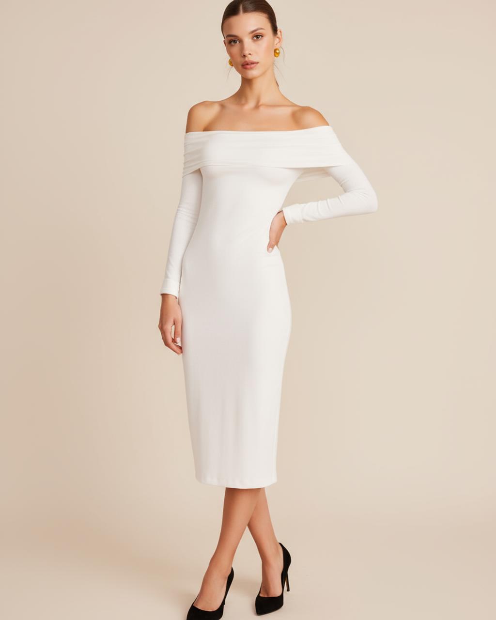 White Off The Shoulder Fitted Bodycon Dress SOLACE