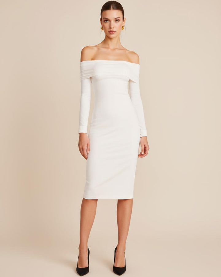 White Off The Shoulder Fitted Bodycon Dress SOLACE