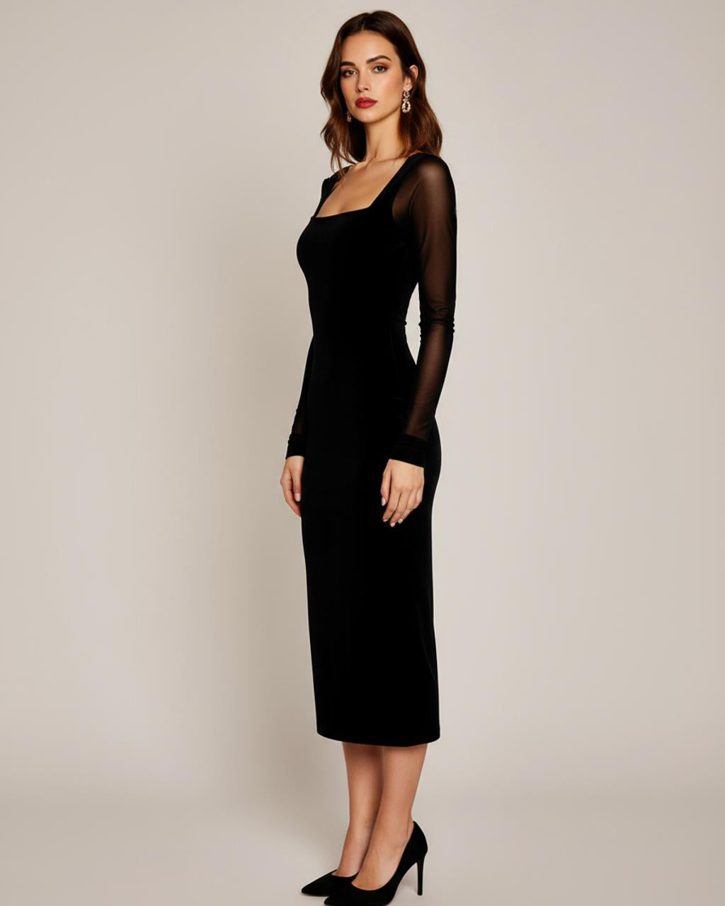 Black Sheer Sleeve Bodycon Midi Dress SOLACE
