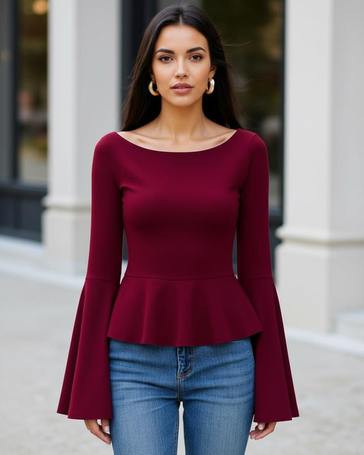 Boat Neck Bell Sleeve Ruffle Blouse SOLACE