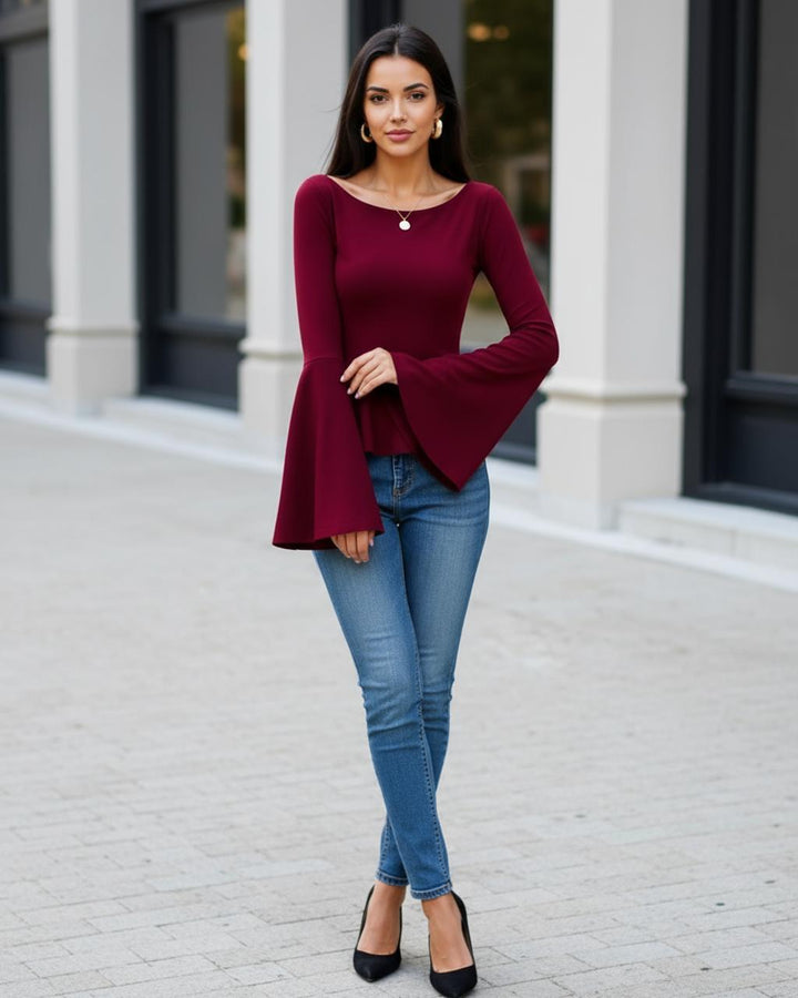 Boat Neck Bell Sleeve Ruffle Blouse SOLACE