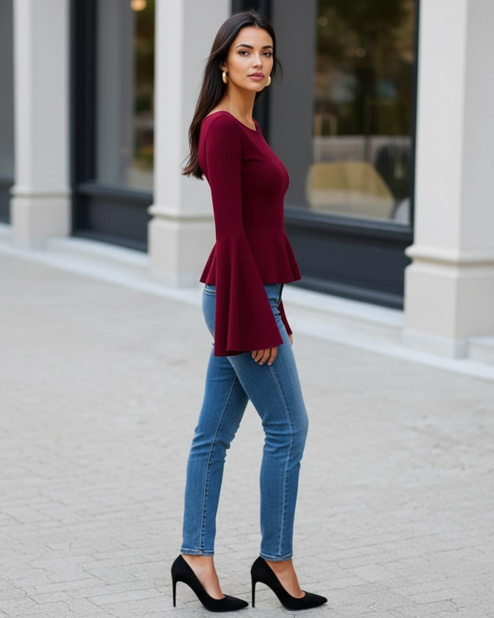 Boat Neck Bell Sleeve Ruffle Blouse SOLACE