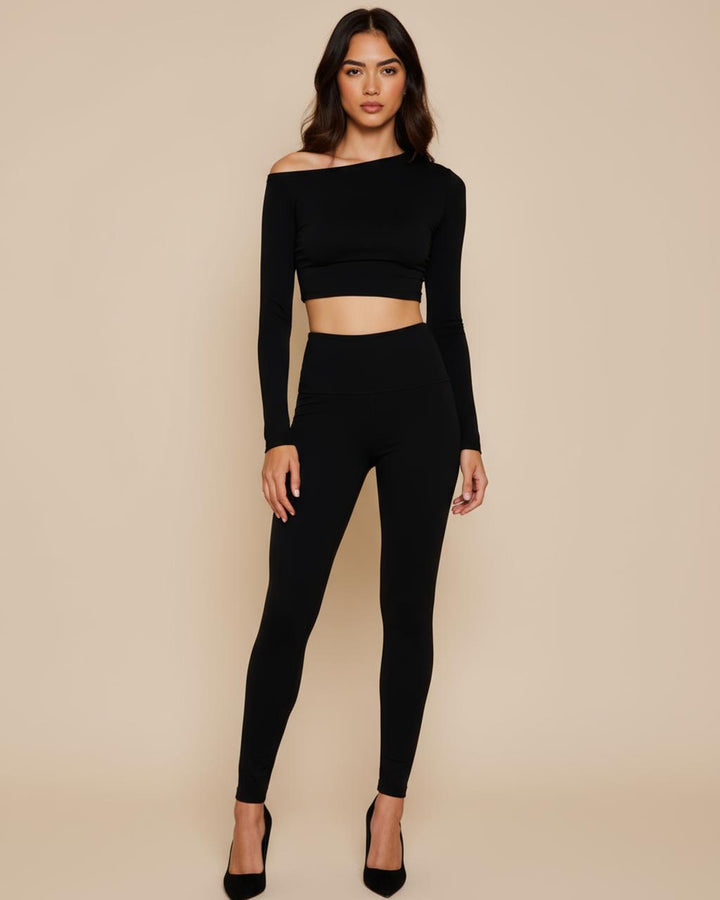 Asymmetrical Shoulder Cropped Top And Leggings Set SOLACE