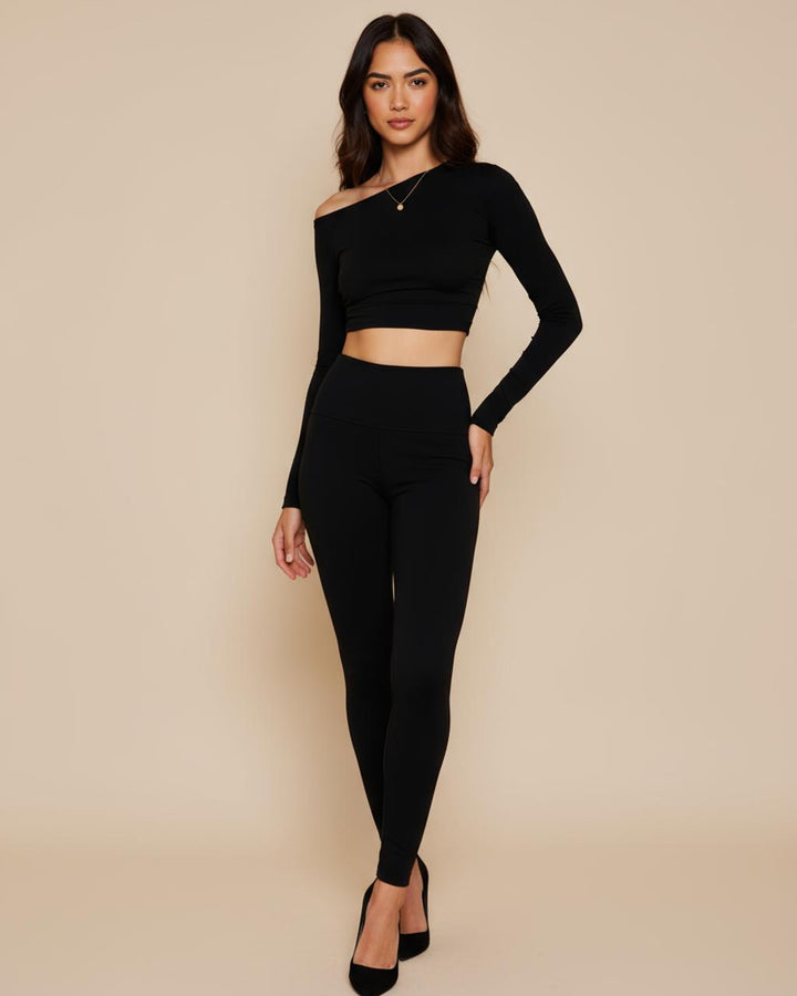Asymmetrical Shoulder Cropped Top And Leggings Set SOLACE