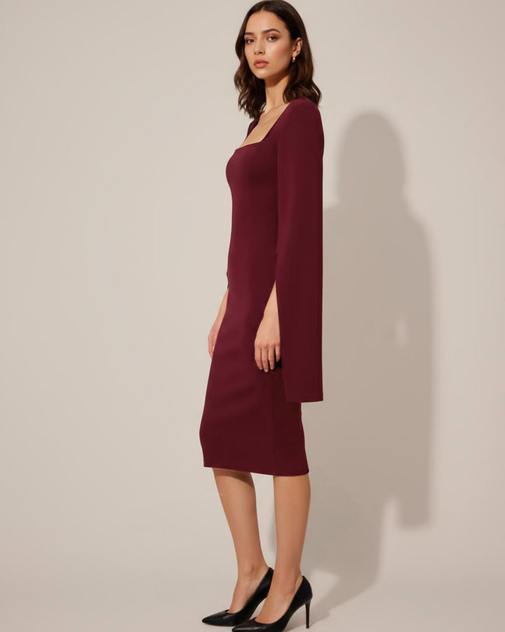 Burgundy Square Neck Split Sleeve Dress SOLACE