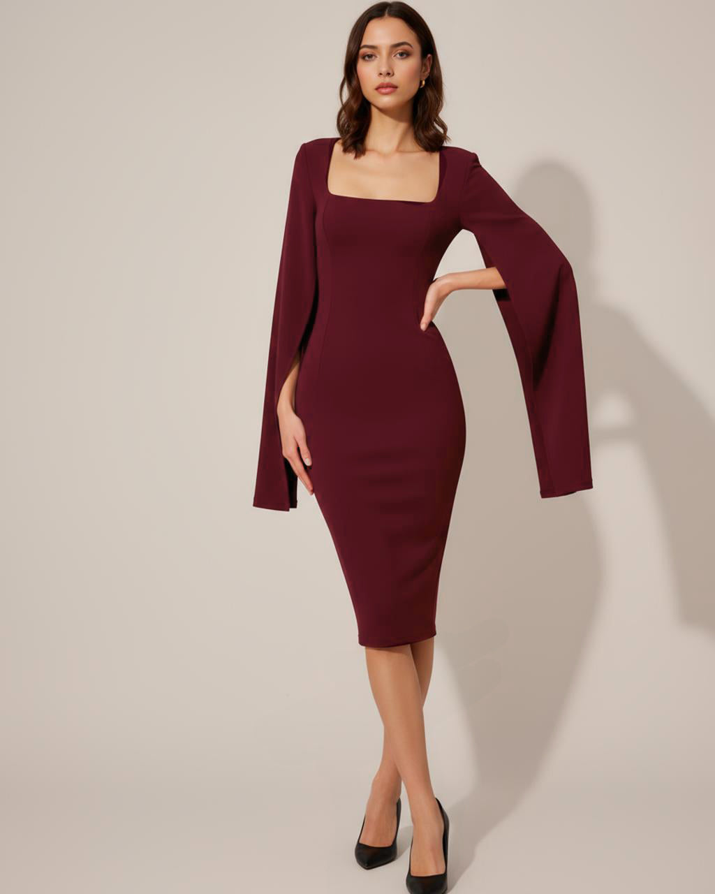 Burgundy Square Neck Split Sleeve Dress SOLACE