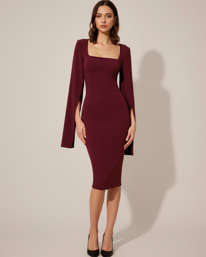 Burgundy Square Neck Split Sleeve Dress SOLACE