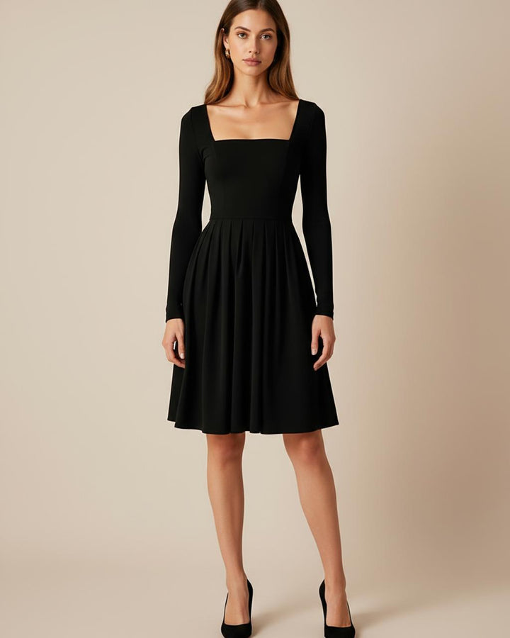 Black Square Neck A-Line Knee Dress SOLACE