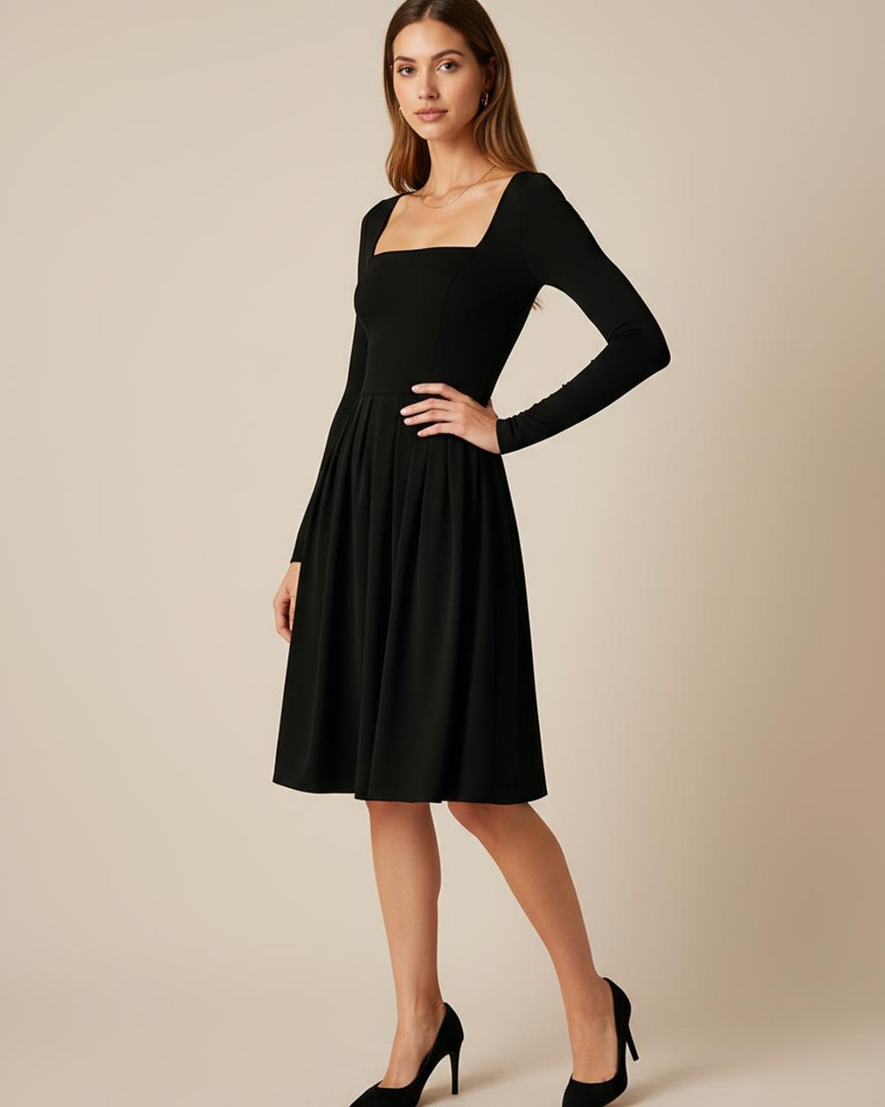 Black Square Neck A-Line Knee Dress SOLACE