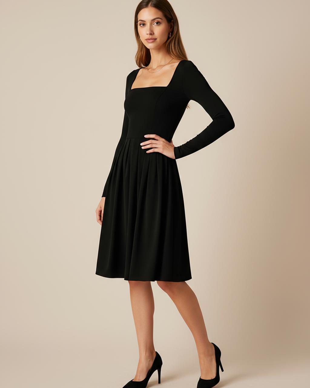 Black Square Neck A-Line Knee Dress SOLACE