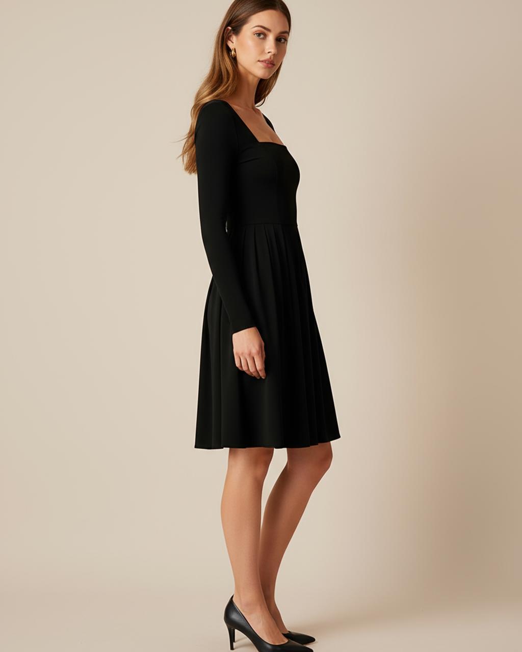 Black Square Neck A-Line Knee Dress SOLACE