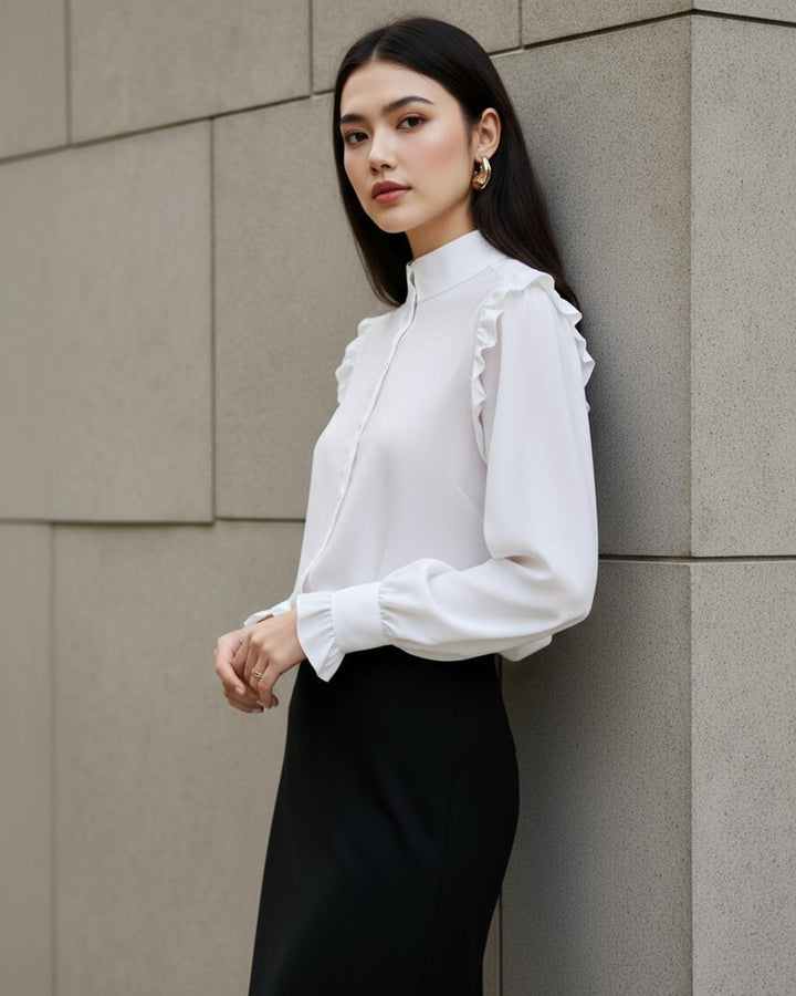Stand Collar Ruffled Long-Sleeve Shirt SOLACE