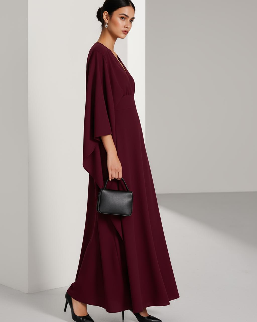 Deep Neckline Asymmetrical Flutter Sleeve Dress SOLACE