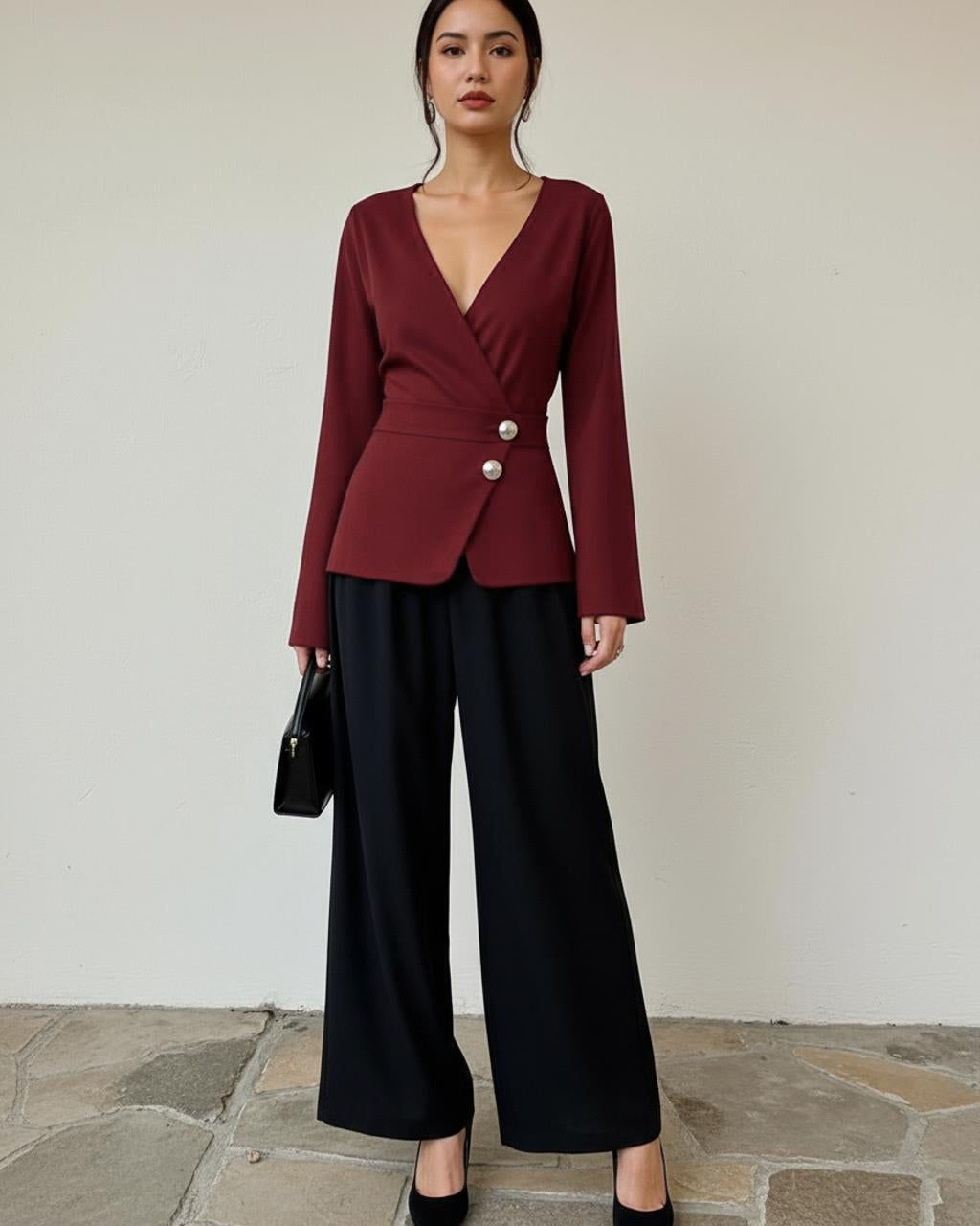 Deep Neckline Tops And Pants Two-Piece Set SOLACE
