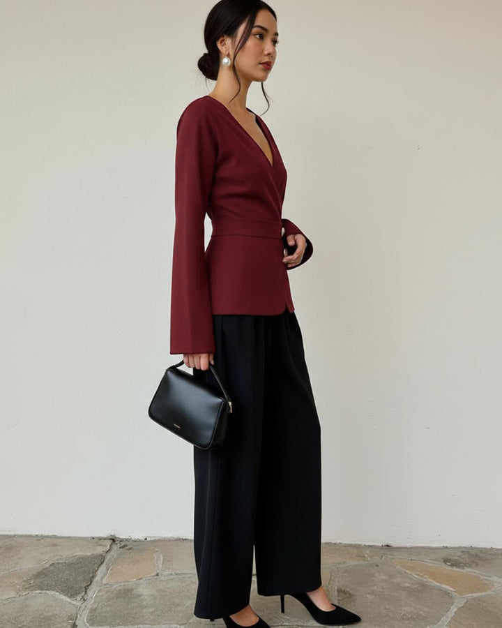 Deep Neckline Tops And Pants Two-Piece Set SOLACE