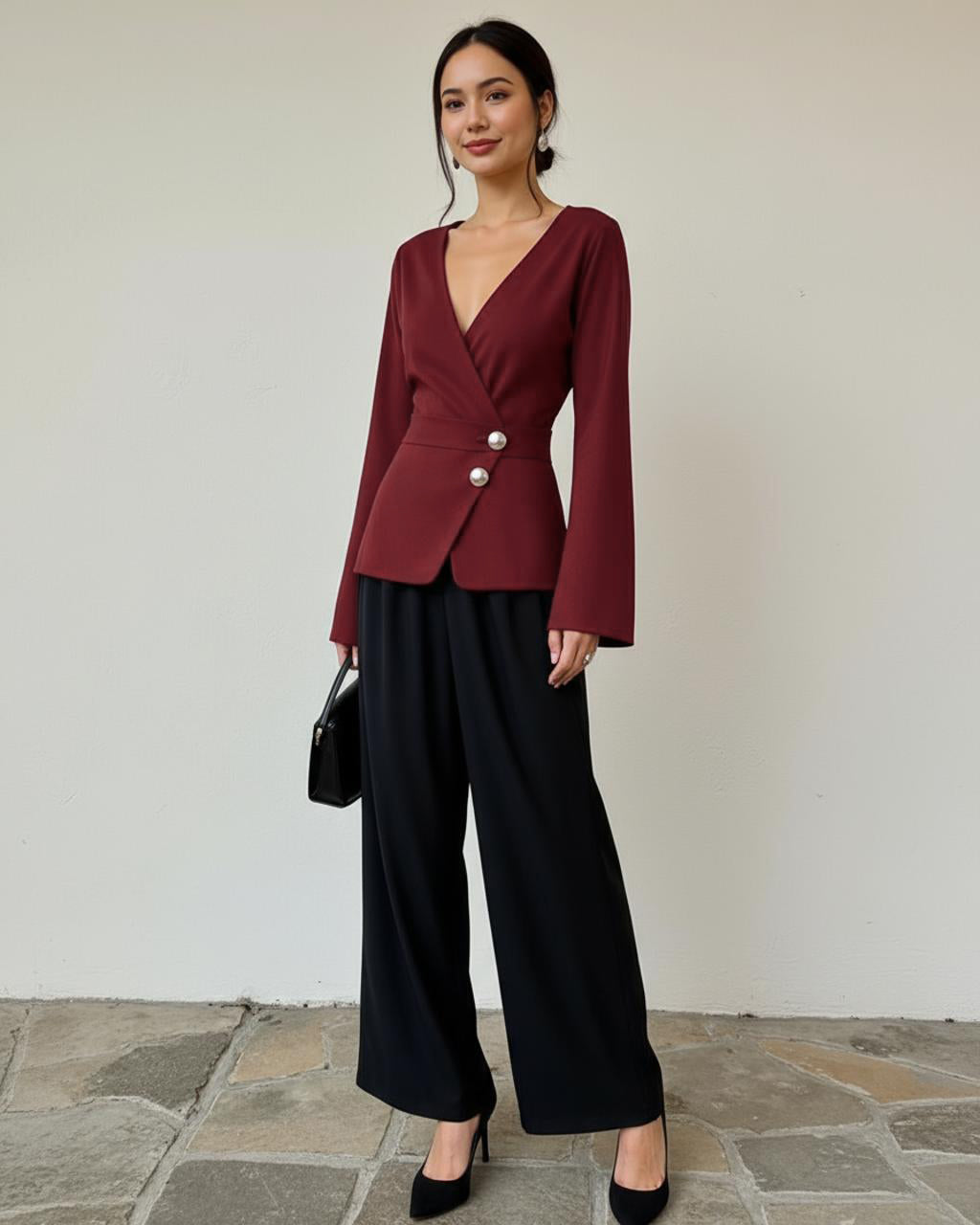 Deep Neckline Tops And Pants Two-Piece Set SOLACE