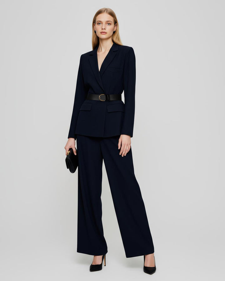 Metal Button Waist Blazer and Wide-Leg Pants Suit Set SOLACE