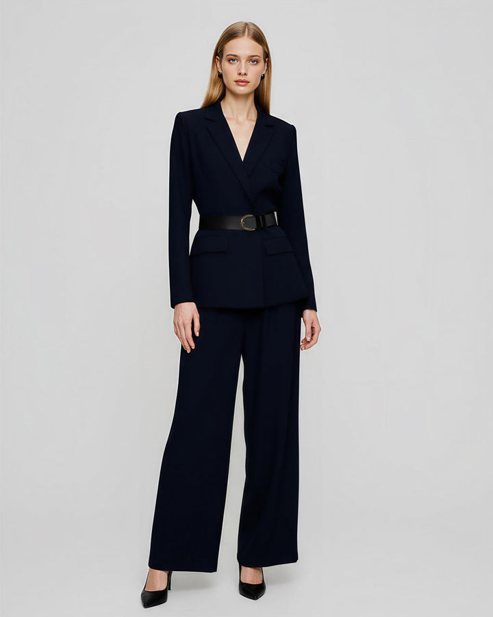 Metal Button Waist Blazer and Wide-Leg Pants Suit Set SOLACE