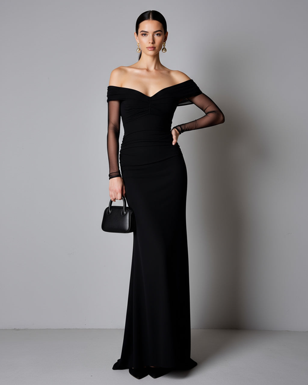 Black Mesh Off-Shoulder Mermaid Maxi Dress SOLACE