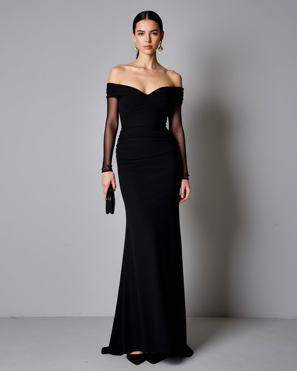 Black Mesh Off-Shoulder Mermaid Maxi Dress SOLACE