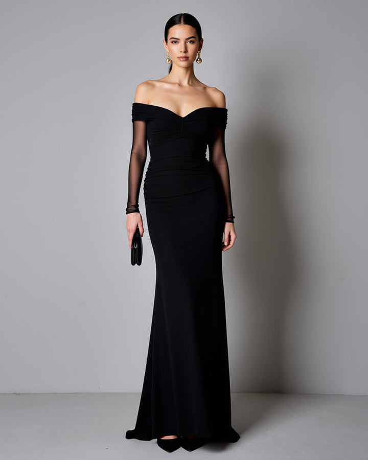 Black Mesh Off-Shoulder Mermaid Maxi Dress SOLACE
