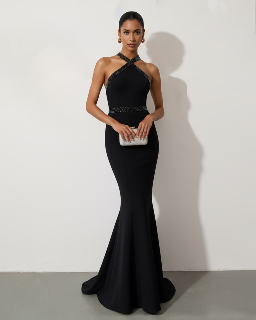 Black Halter Neck Rhinestone Mermaid Dress SOLACE