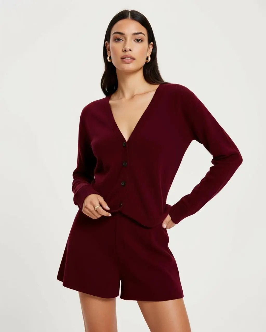 Burgundy Deep V-Neck Button-Up Top SOLACE