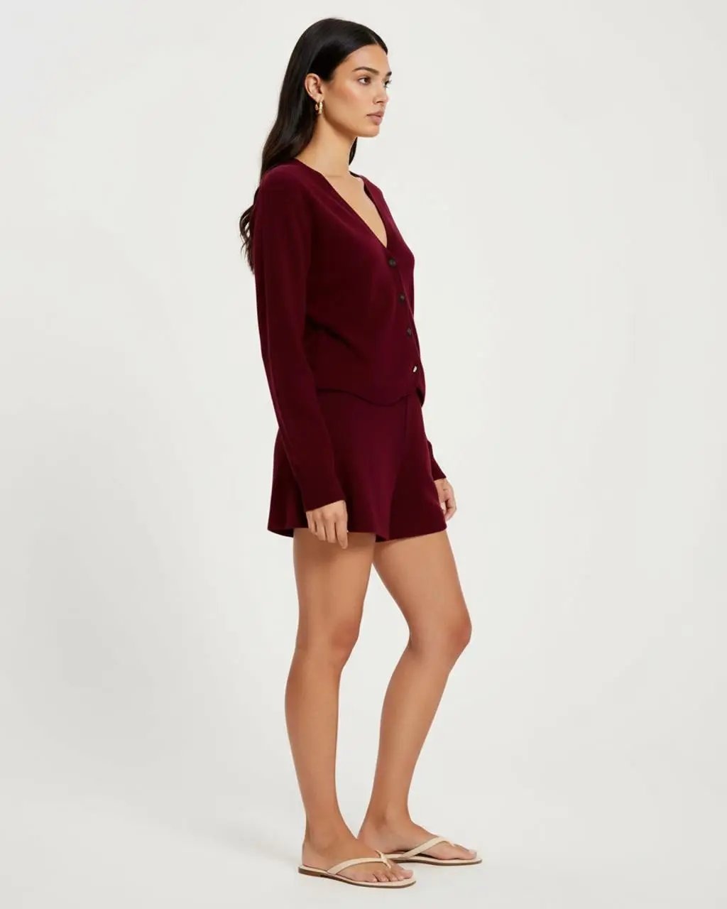 Burgundy Deep V-Neck Button-Up Top SOLACE