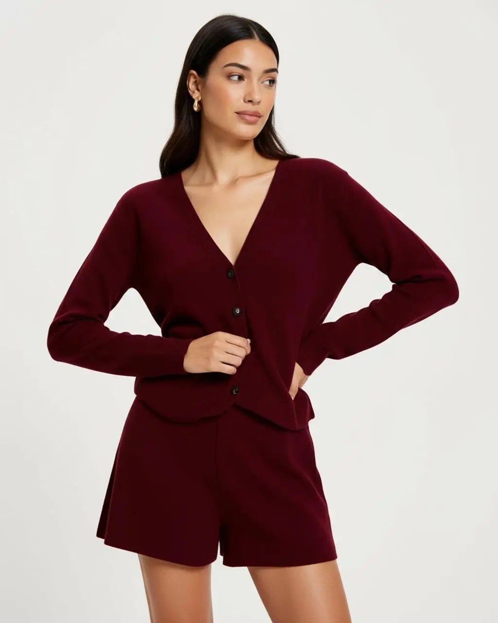 Burgundy Deep V-Neck Button-Up Top SOLACE