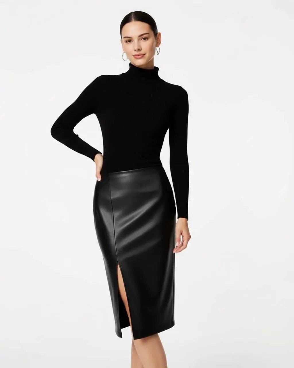 Leather Side-Slit Pencil Midi Skirt SOLACE