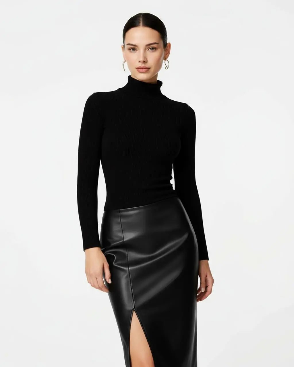 Leather Side-Slit Pencil Midi Skirt SOLACE