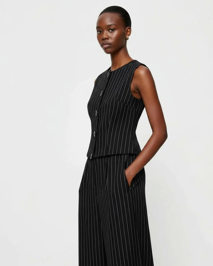 Crew Neck Button-Front Pinstripe Suit SOLACE