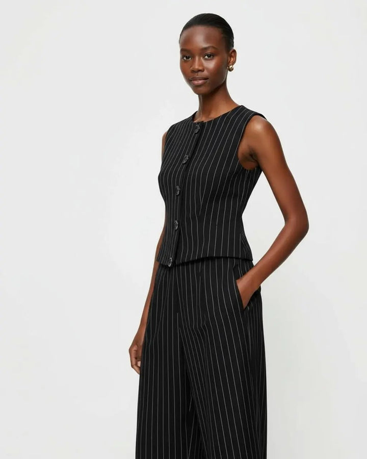 Crew Neck Button-Front Pinstripe Suit SOLACE