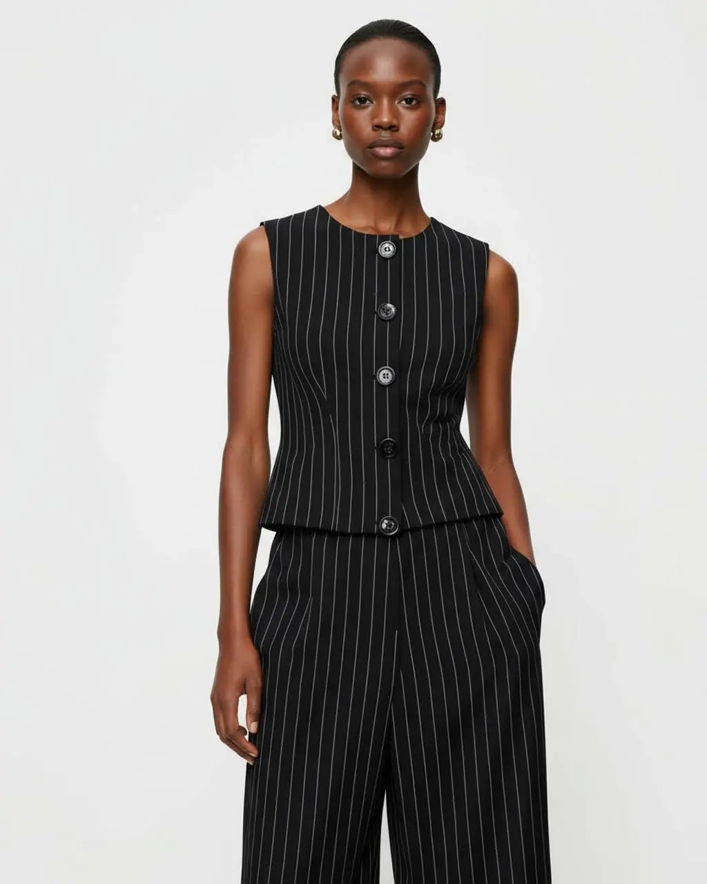 Crew Neck Button-Front Pinstripe Suit SOLACE