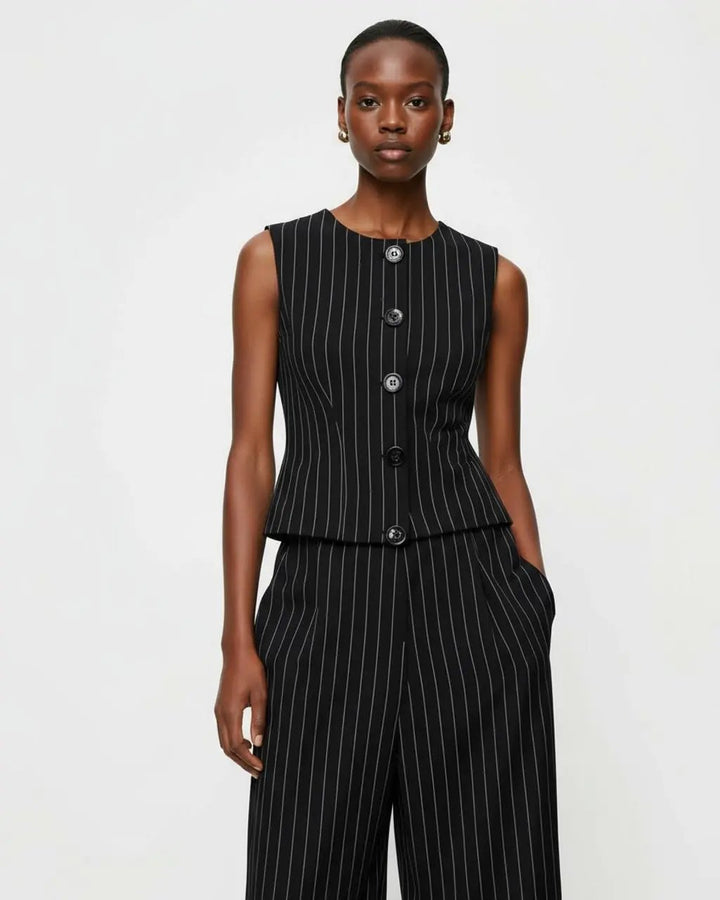 Crew Neck Button-Front Pinstripe Suit SOLACE