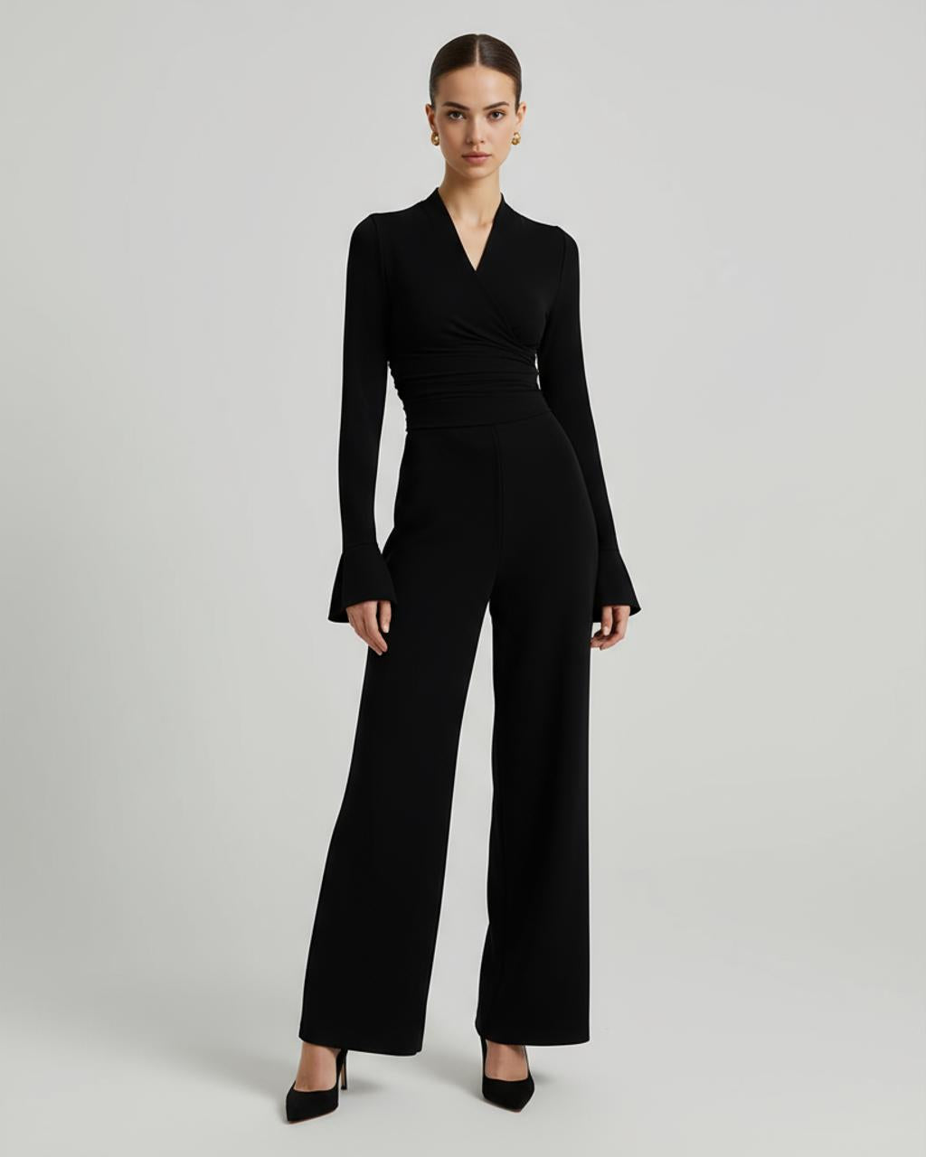 V-Neck Long Sleeve Shirred Waist Top SOLACE