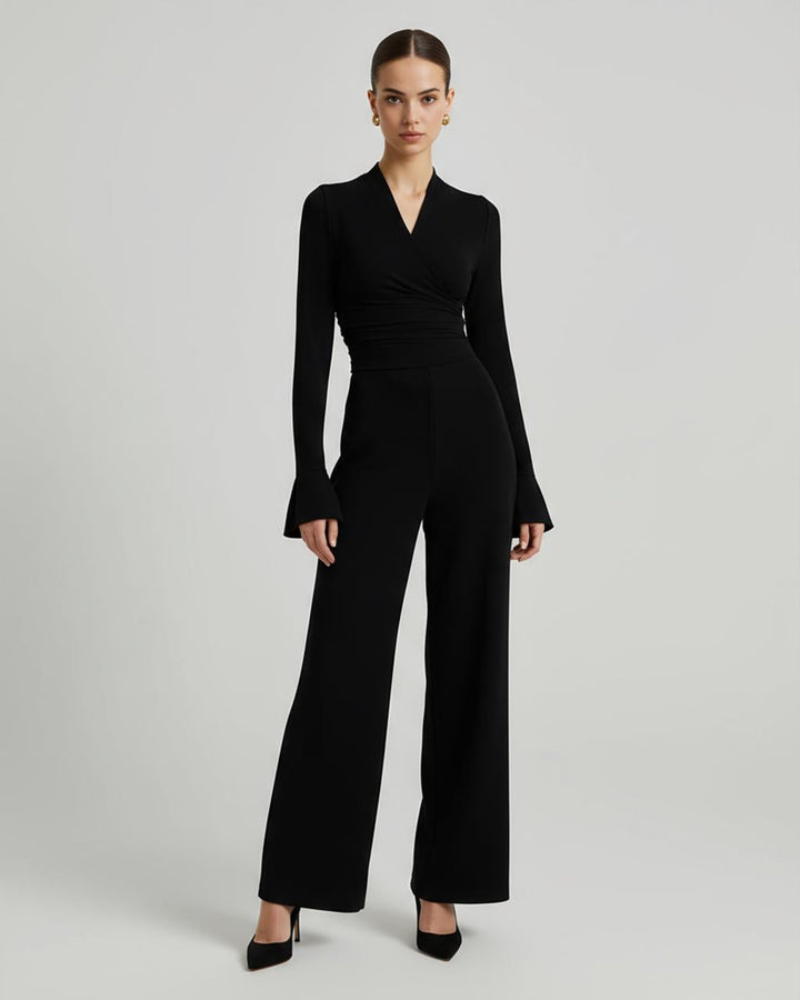 V-Neck Long Sleeve Shirred Waist Top SOLACE