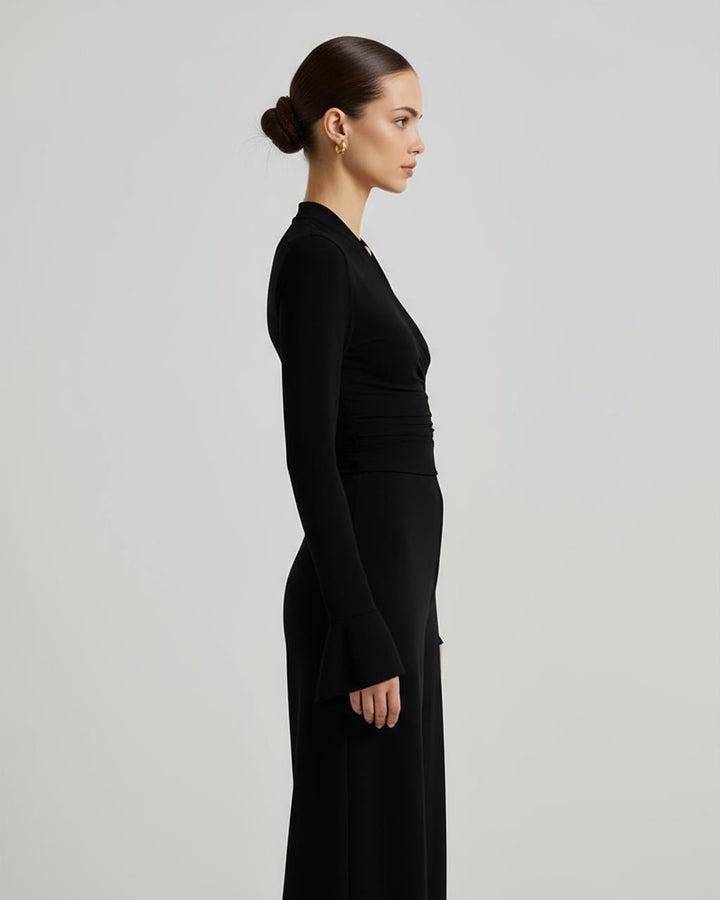 V-Neck Long Sleeve Shirred Waist Top SOLACE